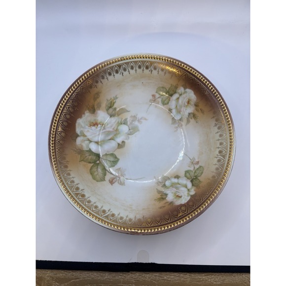P.K. Silesia Other - Antique P.K. Silesia Porcelain Serving Bowl Bridal Roses Gold Beaded Rim 1914-22
